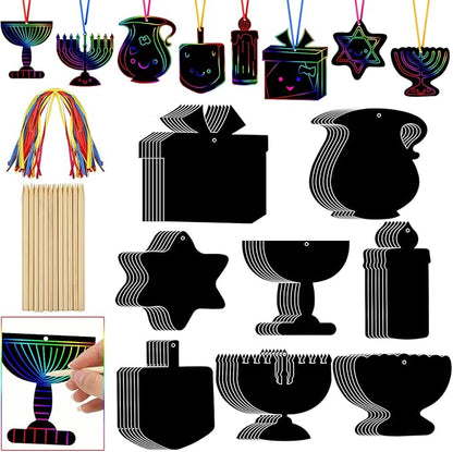Qilery 64 Pcs Chanukah DIY Scratch Cards Set Hanukkah Party Supplies Favor Rainbow Color with Wooden Styluses Hanukkah Craft Kit for Kid Birthday DIY Art Hanukkah Themed Party Classroom Decor