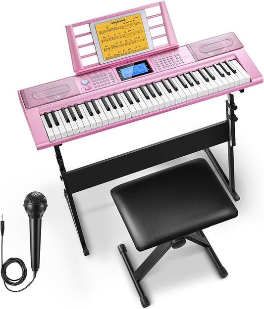 Donner 61 Key Keyboard Piano, Electric Piano Keyboard Kit with 249 Voices, 249 Rhythms - Includes Piano Stand, Stool, Microphone, Gift for Beginners, Pink (DEK-610S)