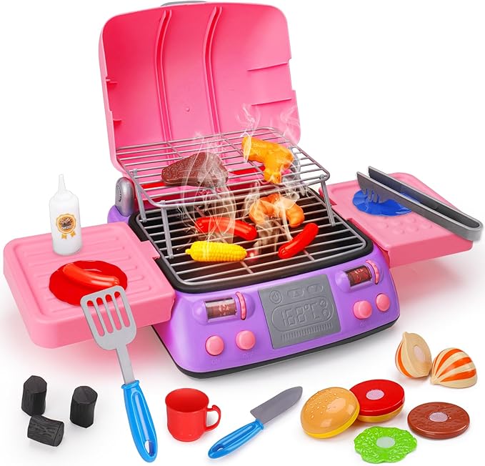 Kids BBQ Grill Playset Kitchen Toy Set with Pretend Smoke Sound Light Toddler Girls Pink Play Food Ages 2-4 3-5 4-8 Indoor Outdoor Cooking Barbecue Toys for 2 3 4 Year Old Girl Birthday Valentine Gift