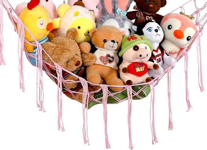 Boho Stuffed Animals Net or Hammock Large,55 inch Toy Hammock Macrame Stuff Animal Storage Corner Hanging Net Holder,Mesh Hammock Plush Toy Organizer with Hooks for Bedroom,Nursery (Light Pink)