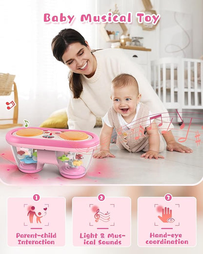 Baby Toys for 6 to 12 Months: 7 Models Pink Rotating Light Up Drum Musical Instruments for 12-18 Months Kids, Tummy Time Toys for Baby 0-3-6-9 Months, Walker for Boy Girl Gifts