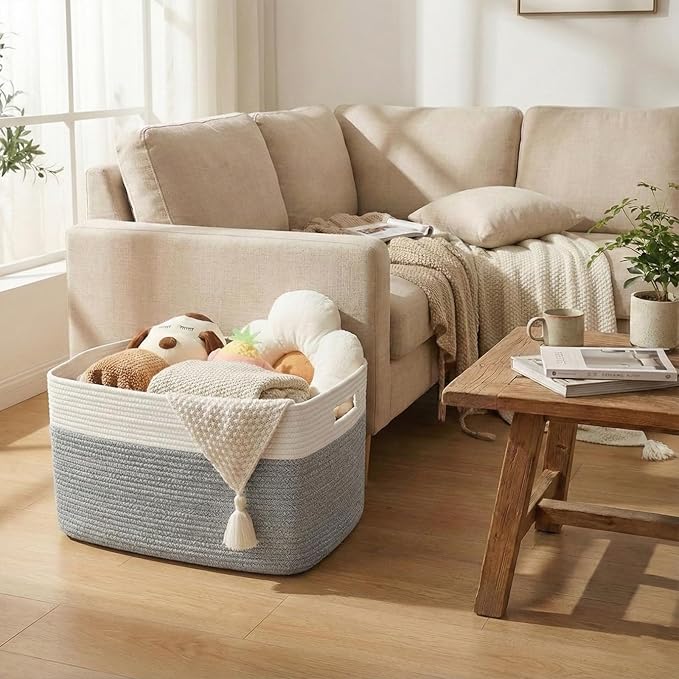JMvicyroam Woven Blanket Basket,96L Large Storage Bin for Blankets Toys Clothes,Decorative Rope Basket for Living Room Bedroom with Handles, White&Grey