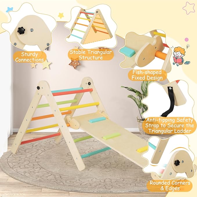 HONEY JOY Climbing Toys for Toddlers, 4 in 1 Foldable Wooden Montessori Kids Triangle Climber, Double Side Ramp & Climber, Baby Learning Indoor Climbing Ladder Gym for Boys Girls (Colorful)