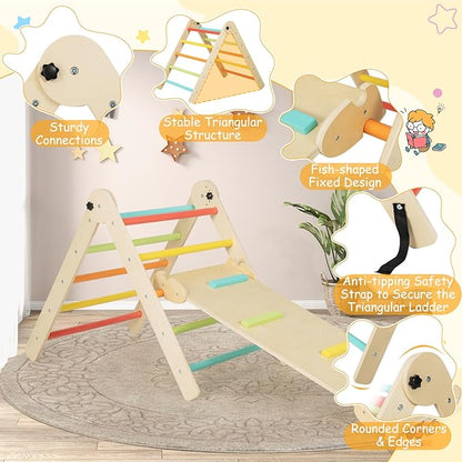 HONEY JOY Climbing Toys for Toddlers, 4 in 1 Foldable Wooden Montessori Kids Triangle Climber, Double Side Ramp & Climber, Baby Learning Indoor Climbing Ladder Gym for Boys Girls (Colorful)