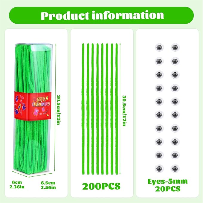 LOKUNN Pipe Cleaners, 200 Pcs Fruit Green Pipe Cleaners Craft Set, Solid Color Chenille Stems, DIY Arts and Crafts with Adhesive Eyes and Storage Box, Christmas Mother's Day Decoration Art Supplies
