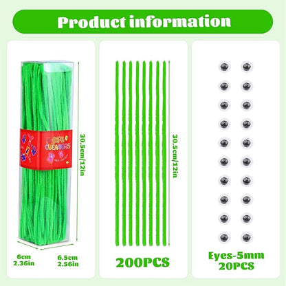 LOKUNN Pipe Cleaners, 200 Pcs Fruit Green Pipe Cleaners Craft Set, Solid Color Chenille Stems, DIY Arts and Crafts with Adhesive Eyes and Storage Box, Christmas Mother's Day Decoration Art Supplies