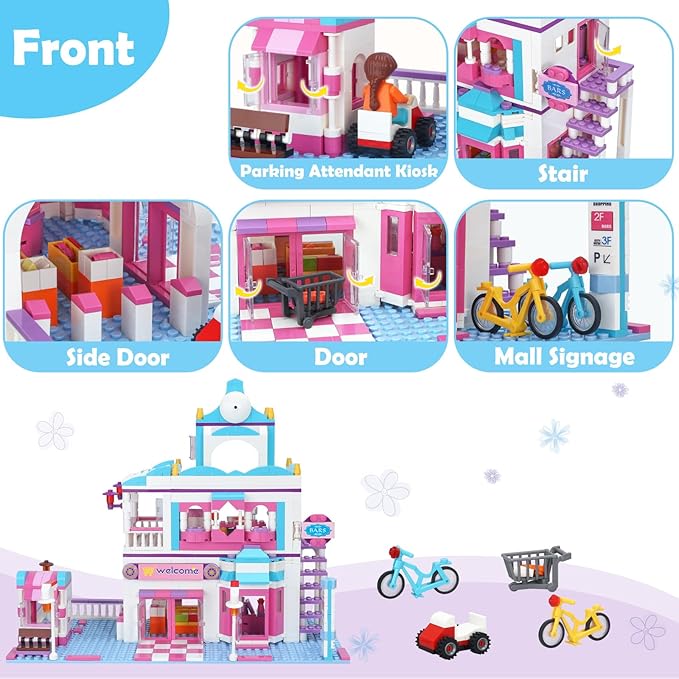 BRICK STORY Dream Girls Friends Shopping Mall Building Set 808 Pieces, with Supermarket and Restaurant Building Playset, 4 Mini Toy Figures, Girls Friends House Building Toys for Kids Age 6-12 8-14