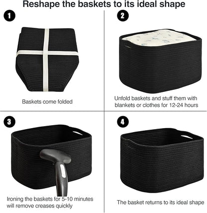 ICERZCZ Large Storage Baskets for Organizing Shelves, Woven Cotton Rope Bins for Baby Nursery Organization, Book Toy Towel Organizer, 17"x13"x9.5", 3 Packs, Black