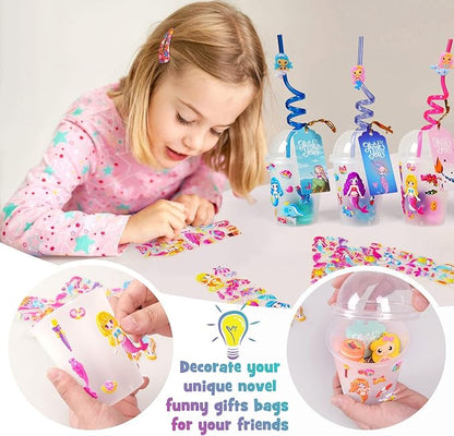 MOVINPE Mermaid Party Favors Personalize Goody Cups with Gift Tags, Filled with Mermaid Themed Reusable Straws Stampers Slap Bracelets Keychains Hair Ties Rings 3D Stickers for Girls