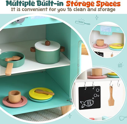 CUTE STONE Play Kitchen for Kids, Wooden Kitchen Playset with Real Lights & Sounds, Toy Kitchen Set with Cookware Accessories, Chef Pretend Play Kitchen Set for Toddlers Girls Boys