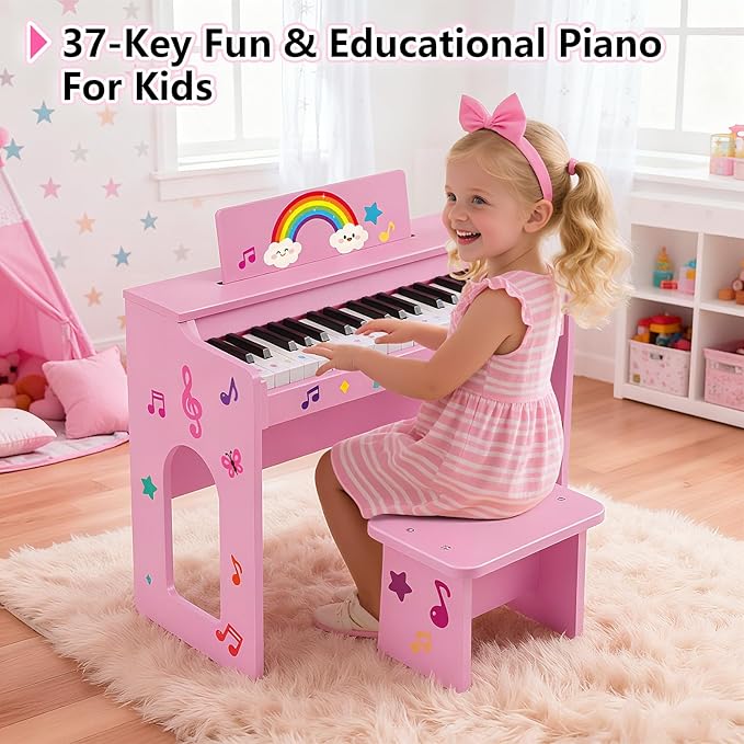 Kids Piano Keyboard, 37 Keys Wooden Digital Piano for Kids with Bench,Song Book, DIY Stickers, Cover, Education Creative Musical Instruments Toy for Boys & Grils Gifts