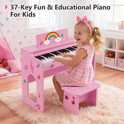 Kids Piano Keyboard, 37 Keys Wooden Digital Piano for Kids with Bench,Song Book, DIY Stickers, Cover, Education Creative Musical Instruments Toy for Boys & Grils Gifts