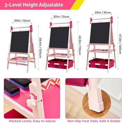 FUNLIO Anti-Warping Kids Art Easel, 3 Height Adjustable for Kids Aged 2-8, All-in-One Toddler Easel with Paper Roll & Erasable Frame, Standing Easel with Magnetic Chalkboard/Whiteboard (Pink)