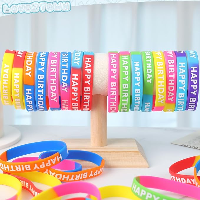 LovesTown 48PCS Birthday Rubber Bracelets, Silicone Stretch Wristbands Dual-color Happy Birthday Bracelets for Kids Adults Birthday Party Favors
