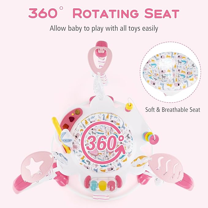 INFANS Baby Activity Center, 3 in 1 Play Center Jumpers and Bouncers with Music, Lights, Interactive Toys, 360°Rotating Seat, 3 Adjustable Heights, Exersaucer Learning Toys for Baby 6-12 Months (Pink)