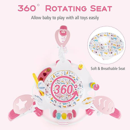 INFANS Baby Activity Center, 3 in 1 Play Center Jumpers and Bouncers with Music, Lights, Interactive Toys, 360°Rotating Seat, 3 Adjustable Heights, Exersaucer Learning Toys for Baby 6-12 Months (Pink)