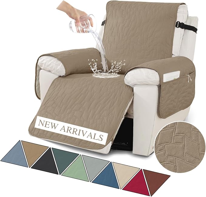 XINEAGE 100% Waterproof Recliner Chair Covers with Elastic Straps, Nonslip Reclining Couch Covers Washable Recliner Couch Cover with Pockets Furniture Protector for Pets Dogs (Light Coffee, 30")