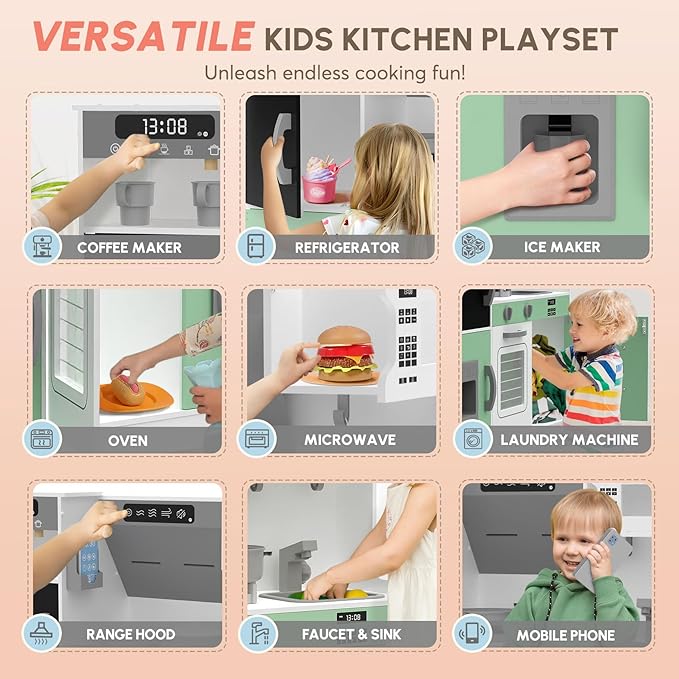 BIERUM Play Kitchen with Realistic Lights & Sounds, Wooden Kitchen Playset with 28 Pcs Toy Food & Cookware Accessories, Toy Kitchen with Plenty of Play Features, Idea Gift for Boys and Girls Ages 3+