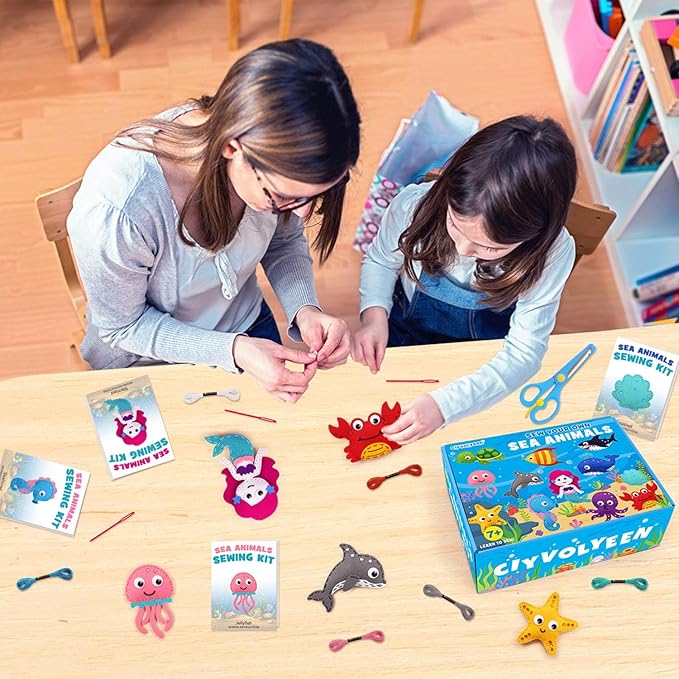 CiyvoLyeen Sea Animals Sewing Kit Mermaid DIY Felt Plush Craft Kit Make Your Own Ocean Animals Gifts for Beginner Boys and Girls Educational Kids Art Craft Supplies Set of 12