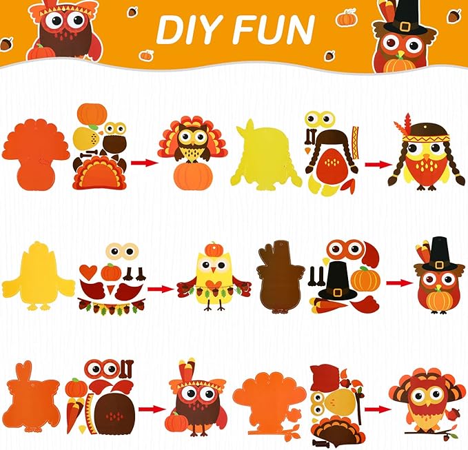 Autumn Thanksgiving Owl Craft Kit for Kids DIY Fall Turkey Day Paper Craft Kits Assorted Owl Shapes Gift with Pumpkins Favors Thanksgiving Day Project Home Classroom Game Activities(24 Sets)