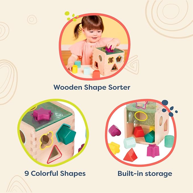 B. toys- Wonder Cube- Developmental Toy- Wooden Shape Sorter Cube – 9 Colorful Shapes – Educational Wooden Toy for Toddlers, Kids – 18 Months +