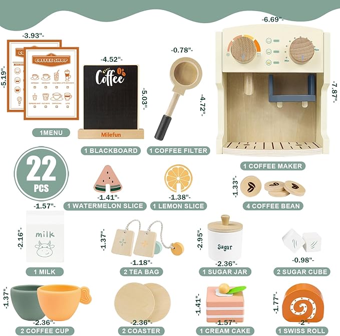 Kids Coffee Maker Kitchen Playset Wooden Kitchen Toys for Kids - 22PCS Toy Coffee Maker for Boys & Girls Learn and Serve Coffee Cafe Pretend Play Kids Espresso Coffee Shop Playset Toys