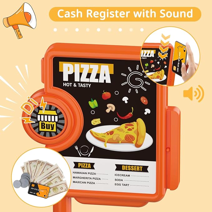 deAO Pretend Play Store Pizza Play Set for Kids, Realistic Pizza Pie Pretend Play Food,Slice and Serve Plastic Kitchen Cooking and Cutting Playset (Orange)