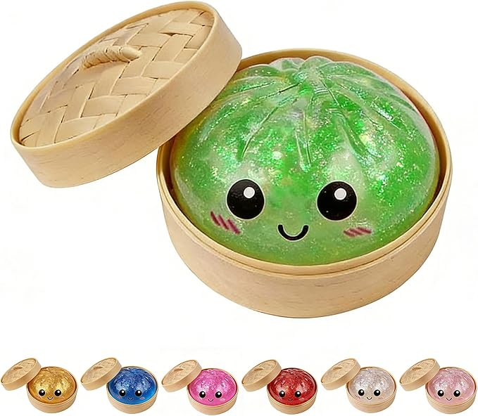 Dumpling Squishies, Glitter Dumpling Mystery Box, Colorful Dumplings Stress Balls Toy, Stocking Stuffers with Food Steamer Stretchy Desk Toys (Glitter Green)