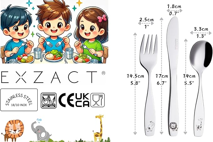 Exzact Kids Flatware 6pcs Toddler Utensils Children Silverware 18/10 Stainless Steel - Dishwasher Safe, 2 Years + (Safari)