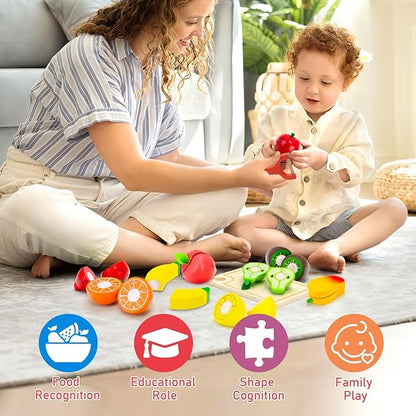 Wooden Play Food Set for Toddlers Toys Pretend Play Kitchen Accessories Fruit Cutting Set for Kids Gift for Boys Girls Montessori Educational Toys