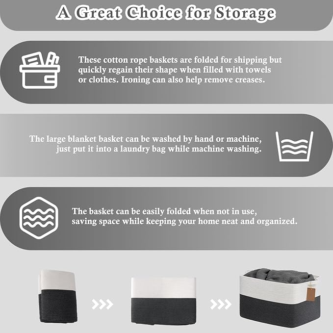Goodpick Woven Storage Baskets for Organizing 22”x17”x12” Large Blanket Basket for Living Room Bedroom, Rectangle Toy Baskets Storage Kids with Handles, Dark Gray