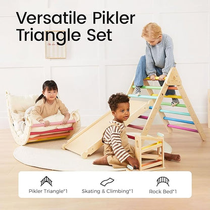 Tiny Land Pikler Triangle Set, 7-in-1 Foldable Pikler Triangle Climbing Toys Set for Kids,Baby Indoor Playground Jungle Gym, Wooden Montessori Climbing Set for Toddler (Rainbow)