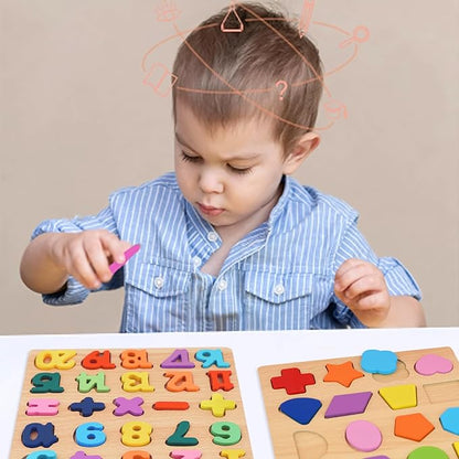 Attmu Wooden Puzzles for Toddlers 1 2 3 4 5 Year Old, Alphabet Puzzle Number Puzzle Shape ABC Puzzle, 3 in 1 Preschool Educational Learning Toys with Puzzle Board for Girls Boys Set of 3