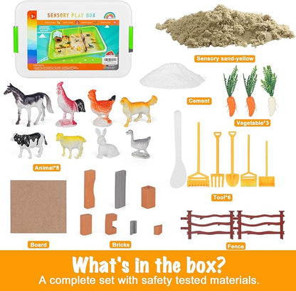 Farm Sensory Toys, Sensory Bins for Toddlers, Preschool Farm Sensory Toys with Sensory Sand, Bricks, Farm Animals, Farm Tools,Farm Sand Play Set for Boys and Grils……