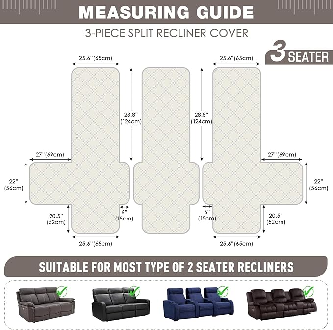 TAOCOCO Waterproof Recliner Sofa Cover, Non Slip Split Recliner Couch Cover with Elastic Straps Pocket, Washable Reclining Sofa Cover Furniture Protector for Kids, Dogs, Pets(3 Seater, Light Brown)