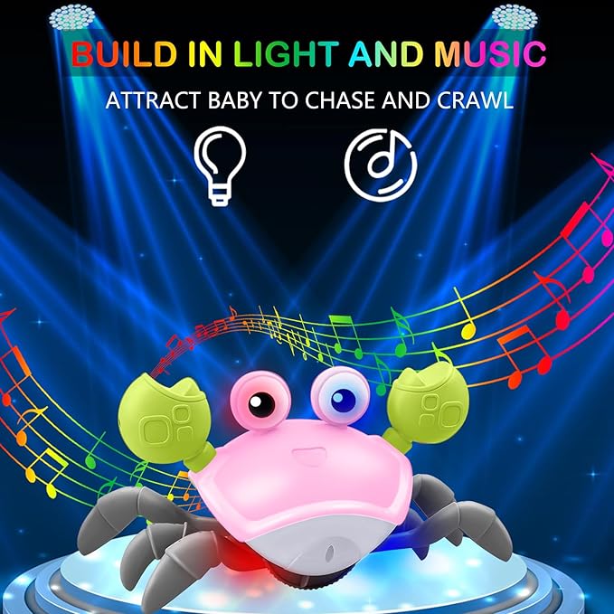 Plnmlls Crawling Crab Baby Toy - Tummy Time Toys - with Music and LED Light,Built-in Rechargeable Battery and Volume Can be Turned Off for 0-6 6-12 12-18 36 Months Walking Toddler Birthday Gift(Pink)