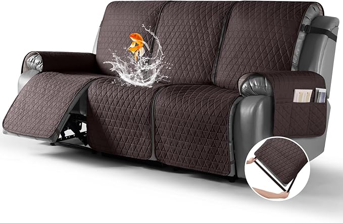 TAOCOCO 100% Waterproof Recliner Sofa Cover-Non Slip Split Couch Covers for Reclining Couches with Elastic Straps,Couch Covers for 3 Cushion Couch Sofa Pet Friendly(Chocolate, 3 Seater)
