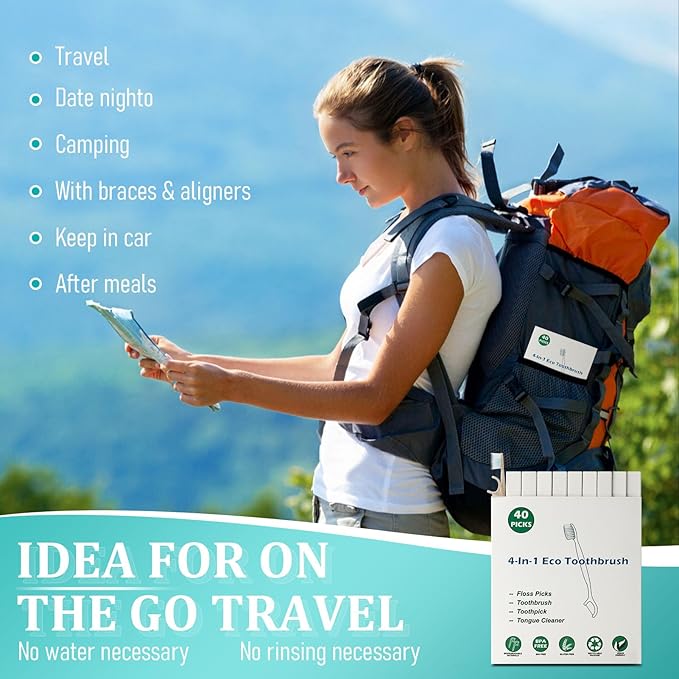 Travel Toothbrush Dental Floss Picks - 4 in 1 Biodegradable Disposable Toothbrushes with Tongue Scraper, Eco-Friendly Individually Wrapped Toothbrush for Adult Kids Travel Oral Care, 80 Pack