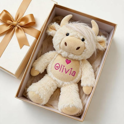 Personalized White Highland Cow Stuffed Animal - Custom Name Embroidered Plush Toy - Soft Cream Cow Nursery Decor, Baptism & Baby Shower Keepsake Gift for Boys Girls (10/13/16 Inch)