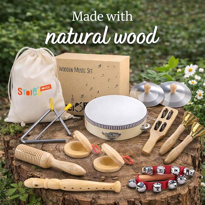 Stoie's Wooden Toddler Musical Instruments with Drum, Flute, Hand Bells, Cymbals, Castanets, Triangle, for Babies and Toddlers, Eco Friendly Montessori Educational Toy