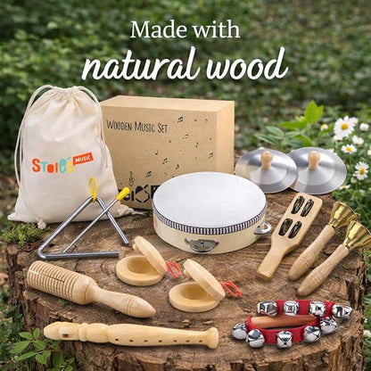 Stoie's Wooden Toddler Musical Instruments with Drum, Flute, Hand Bells, Cymbals, Castanets, Triangle, for Babies and Toddlers, Eco Friendly Montessori Educational Toy