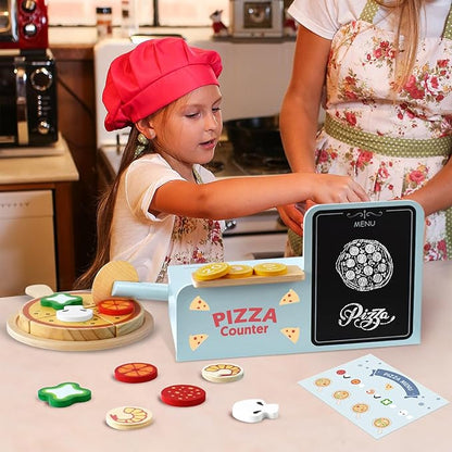 Wooden Pizza Toy,Wooden Pizza Counter Playset with Bake Oven, Montessori Pretend Play Food for Kids Kitchen,Christmas Birthday Gift for Toddlers Boys Girls 3 4 5 6 Year Old