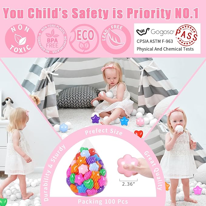 GOGOSO Ball Pits Balls for Toddlers, 100 Stars Hearts Florid Shapes Ball, Flowers Plastics Balls for Bounce House, Pastel Ball for Kids Birthday Party Xmas Friendship Bracelet Banner Decor