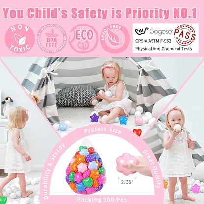 GOGOSO Ball Pits Balls for Toddlers, 100 Stars Hearts Florid Shapes Ball, Flowers Plastics Balls for Bounce House, Pastel Ball for Kids Birthday Party Xmas Friendship Bracelet Banner Decor