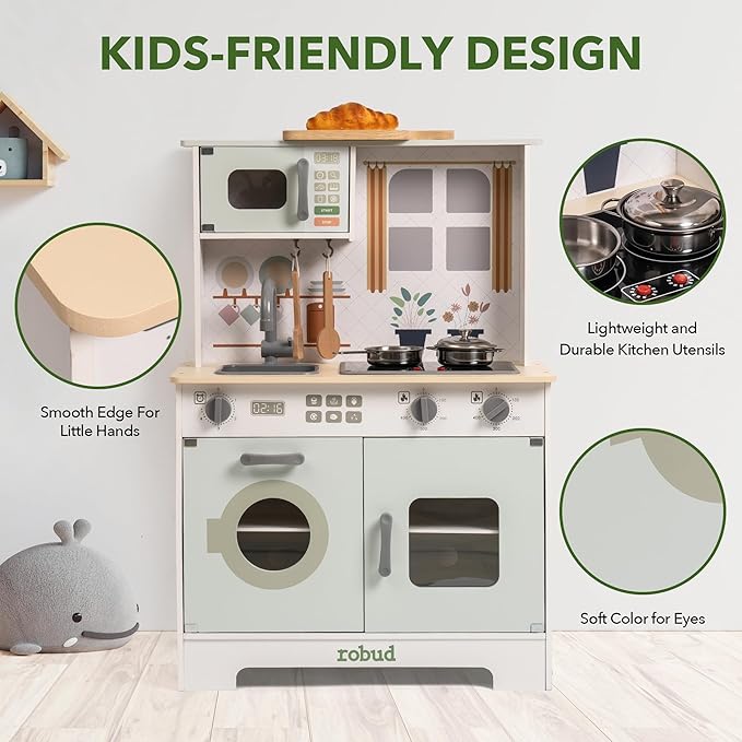 ROBUD Play Kitchen for Kids, Wooden Kids Kitchen Playset with Lights & Sounds, Pots, Cookware, Pretend Kitchen Gift for Boys Girls, Green Modern Look, Age 3+