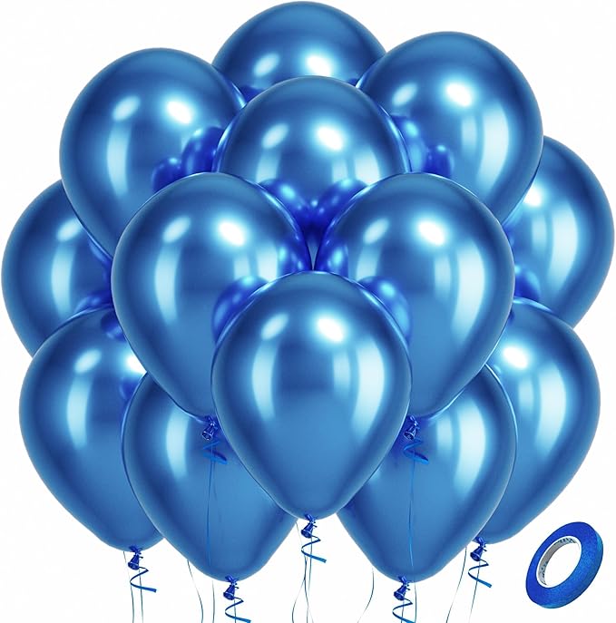 Bezente Metallic Blue Latex Party Balloons - 100 Pack 12 inch Round Helium Chrome Blue Balloons for Graduation Wedding Bachelorette Birthday Engagement Party Decorations