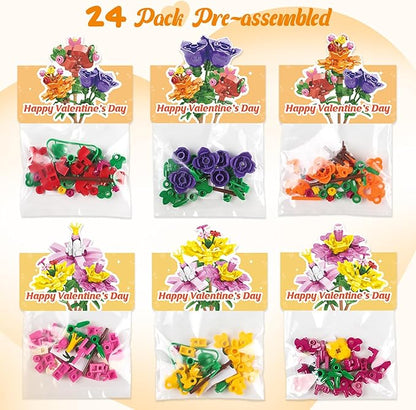 Valentines Day Gifts for Kids - 24 Pack Prefilled Valentine's Day Cards with Flower Building Blocks Crafts for School Classroom Class Party Favor, Valentines Gifts Bulk Exchange for Boys Girls Teens