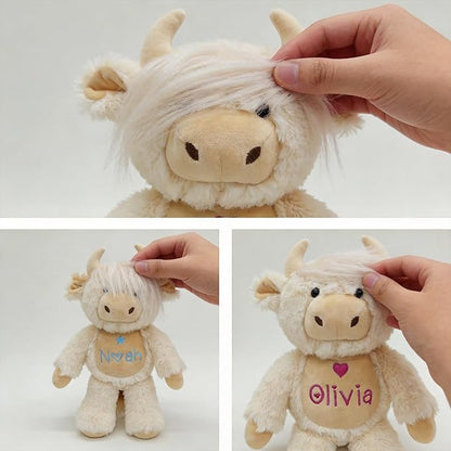 Personalized White Highland Cow Stuffed Animal - Custom Name Embroidered Plush Toy - Soft Cream Cow Nursery Decor, Baptism & Baby Shower Keepsake Gift for Boys Girls (10/13/16 Inch)