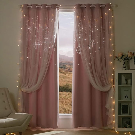NICETOWN Pink Curtains for Girls Bedroom/Kids Room, Moon and Star Hollow Out Blackout Curtains for Nursery, Double-Layer Grommet Window Drapes for Christmas Decor, 52" W by 84" L, Set of 2