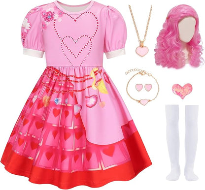 7 Pcs Pink Rise Costume for Girls Red Princess Dress with Wig